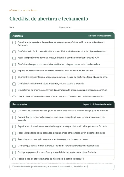 Checklist de abertura e fechamento da clínica