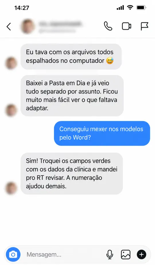 Mensagem de cliente da Pasta em Dia