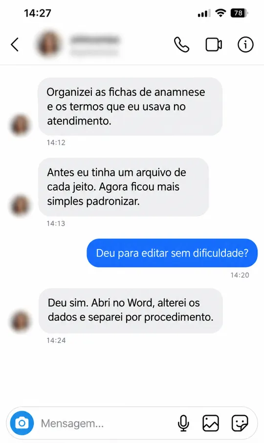 Mensagem de cliente da Pasta em Dia