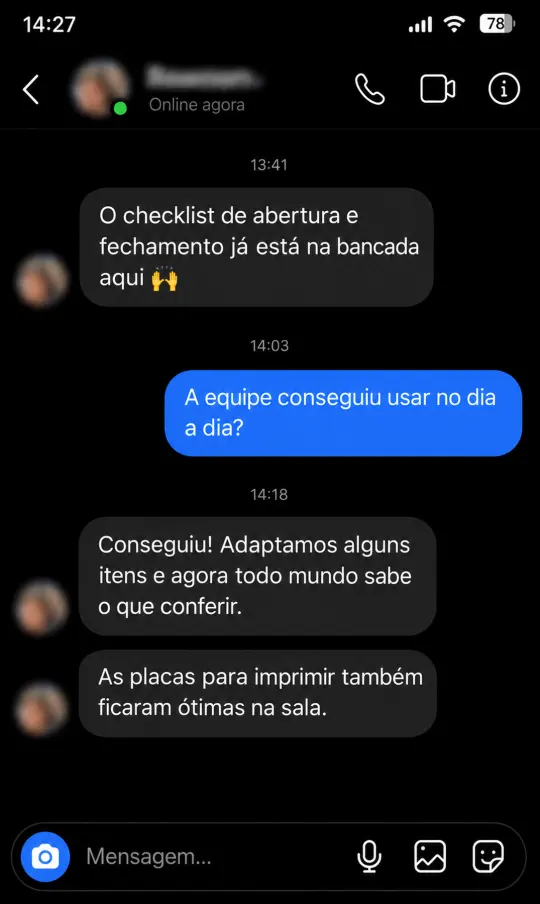 Mensagem de cliente da Pasta em Dia