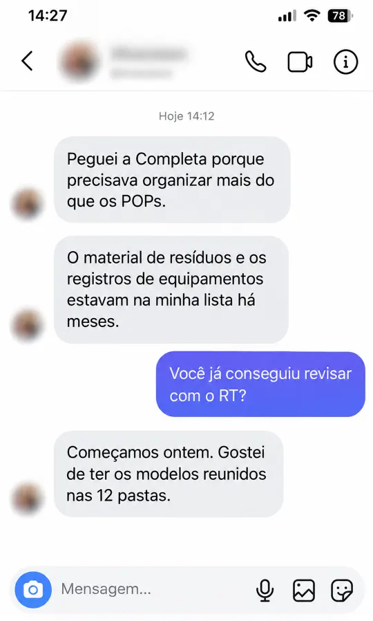 Mensagem de cliente da Pasta em Dia