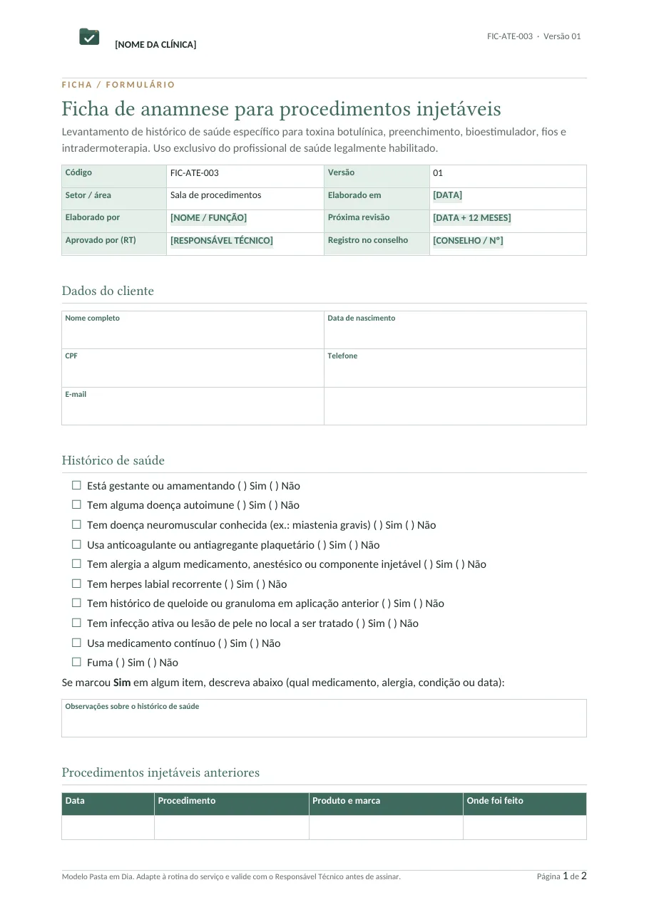 Ficha de anamnese injetáveis